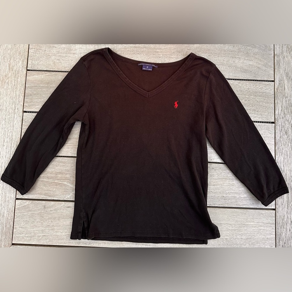 RALPH LAUREN SPORT Vintage Black Cotton 3/4 Sleeve V-neck Shirt - S
